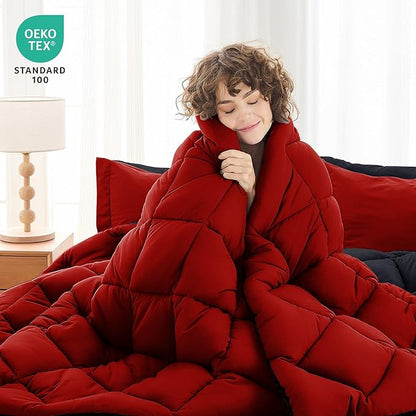 MUXHOMO 7 Pieces Full Comforter Set, Reversible Bed in a Bag Full Size, All Season Bedding Set with Comforter, Flat Sheet, Fitted Sheet, Pillowcases & Shams, Red & Black