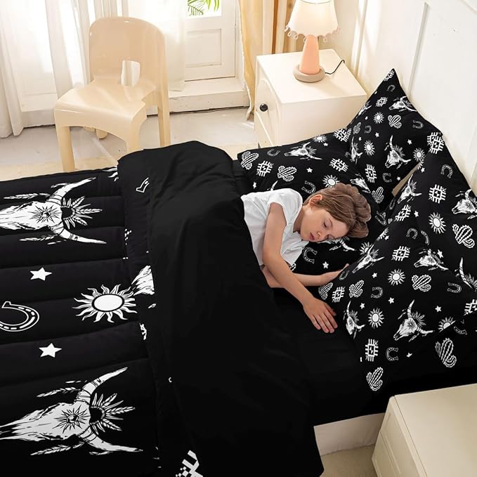 Erosebridal Western Bull Skull Bedding Set Queen Boho Aztec Comforter Set 7 Piece Vintage Tribal Exotic Ethnic Bed in A Bag for Kids Adults Bohemian Geometric Cactus Quilt with Flat Fitted Sheet