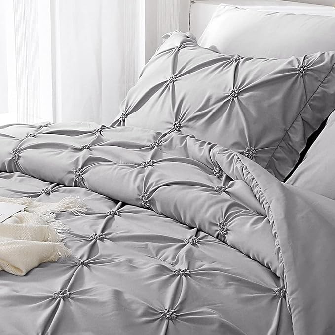 JOLLYVOGUE Gray Bed in a Bag Comforter Set for Bedroom, Pintuck Full Size Comforter Sets 7 Pieces,Beddding Sets with Comforter, Sheets,Ruffled Shams & Pillowcases