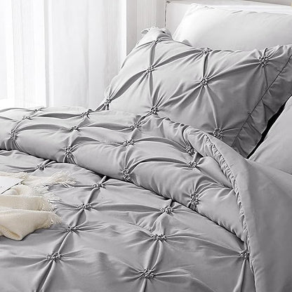 JOLLYVOGUE Gray Bed in a Bag Comforter Set for Bedroom, Pintuck Full Size Comforter Sets 7 Pieces,Beddding Sets with Comforter, Sheets,Ruffled Shams & Pillowcases