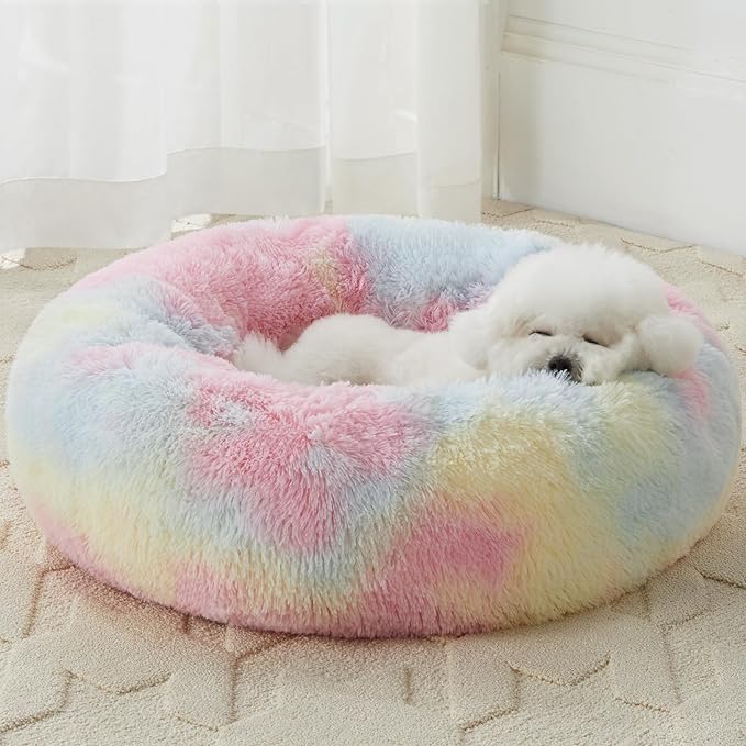 WNPETHOME Calming Dog Bed Cat Bed Donut, Faux Fur Pet Bed Self-Warming Donut Cuddler, Comfortable Round Plush Dog Beds