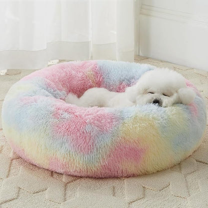 WNPETHOME Calming Dog Bed Cat Bed Donut, Faux Fur Pet Bed Self-Warming Donut Cuddler, Comfortable Round Plush Dog Beds (20 x 20 x 8 Inch, Rainbow)