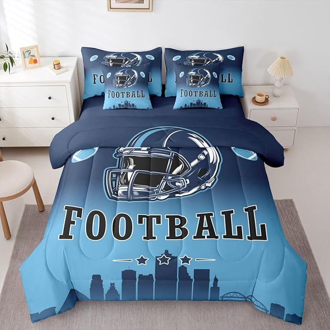 Erosebridal American Soccer Comforter Set with Sheets Football City Blue 7 Piece Bedding Set Queen for Kids Boys Girls Teen Room Decor,Sports Rugby Games Bed in A Bag Ball Sports Bed Set