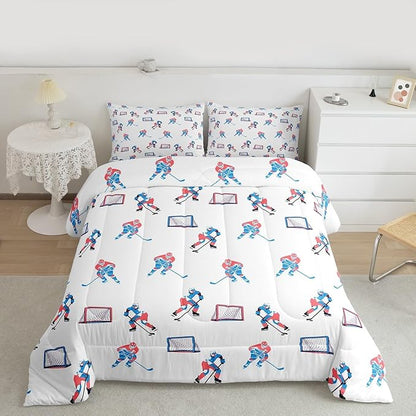 Hockey Players Kids Bedding Set King Size, Comforter Set,Winter Sports Games Quilt Comforter,White Blue Bedroom Duvet Insert,2 Pillowcases