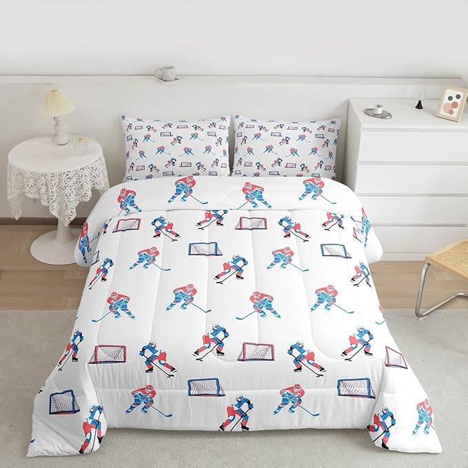 Manfei Hockey Players Girls Bedding Set Twin Size, Comforter Set,Winter Sports Games Quilt Comforter Girls Boys Teens,White Blue Room Decor All Season,1 Pillowcase