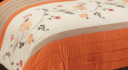 Chezmoi Collection Serene 7-Piece Luxury Autumn Floral Embroidery Comforter Set, King, Orange/Brown/Taupe