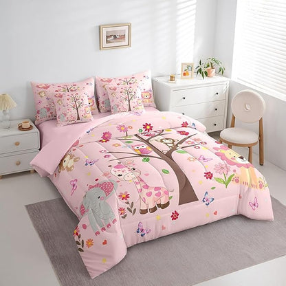 Erosebridal Kids Cute Animal 7 Piece Bedding Set King Size,Butterflies Trees Bed in a Bag,Love Hearts Bed Set Includes Comforter, Sheet Set, Pillowcases & Pillow Covers All Season Bedroom Decor