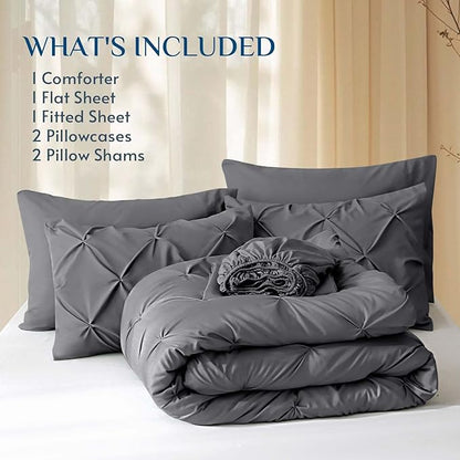 JOLLYVOGUE Queen Comforter Set 7 Pieces - Bed in a Bag Queen for All Season, Pintuck Bedding Comforter Sets with Comforter, Flat Sheet, Fitted Sheet and Pillowcases & Shams, Grey