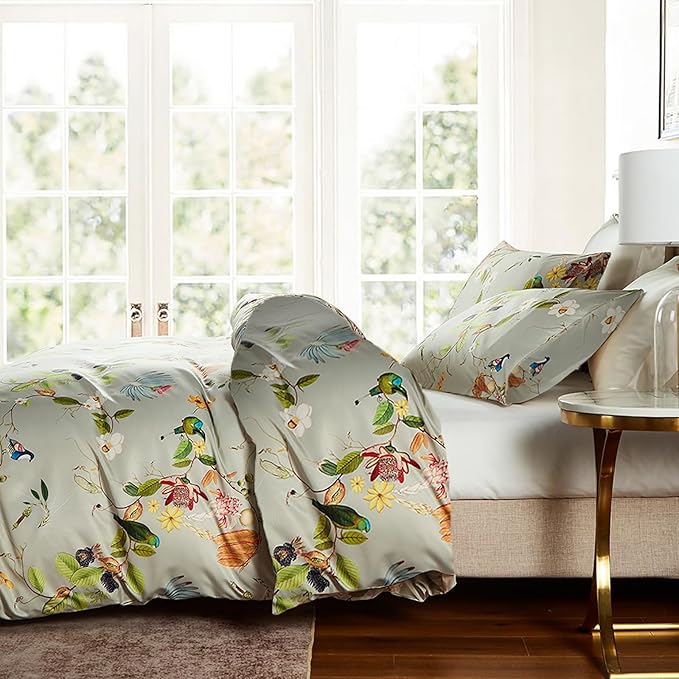 MKXI Bird Floral Comforter Set King Size Botanical Comforters Shabby Chic Bedding Set Animal Forest Print Bed Set
