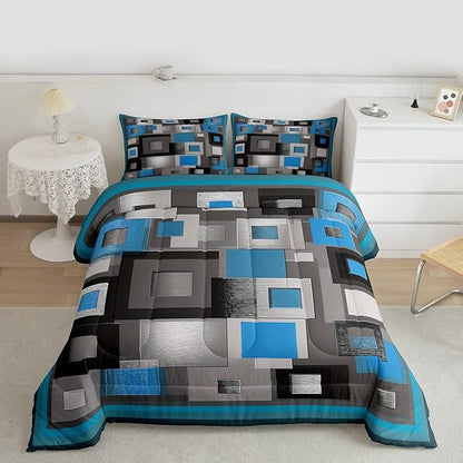 Grid Square King Size Comforter Set,Kids Blue White and Gray Decor All Season Bedding Set,Teens Abstract Geometric Comforter,Girls Modern Simple Decor Quilt Set Bedroom Collection 3Pcs