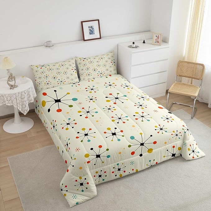 Erosebridal Modern Mid Century Bedding King Retro Atomic Comforter Set, Rainbow Grid Duvet Insert Vintage Fifties 1950s Down Comforter, Aesthetic Abstract Art Bedding Comforter Sets Beige 3pcs
