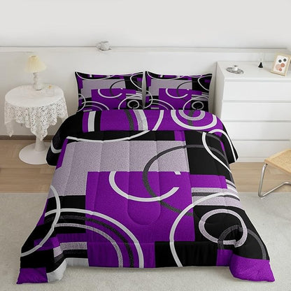 Abstract Stripes Swirls Comforter Set Modern Purple White Quilt Set Geometric Circles Lines Bedding Set Chic Black Grey Duvet Insert Graphic Simple Style Soft Microfiber Bedding Comforter Sets Queen