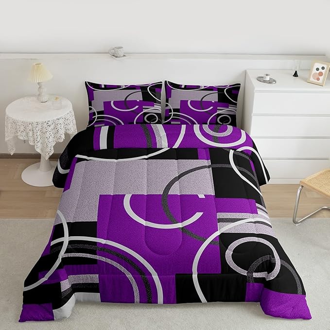 Abstract Stripes Swirls Comforter Set Modern Purple White Quilt Set Geometric Circles Lines Bedding Set Chic Black Grey Duvet Insert Graphic Simple Style Soft Microfiber Bedding Comforter Sets King