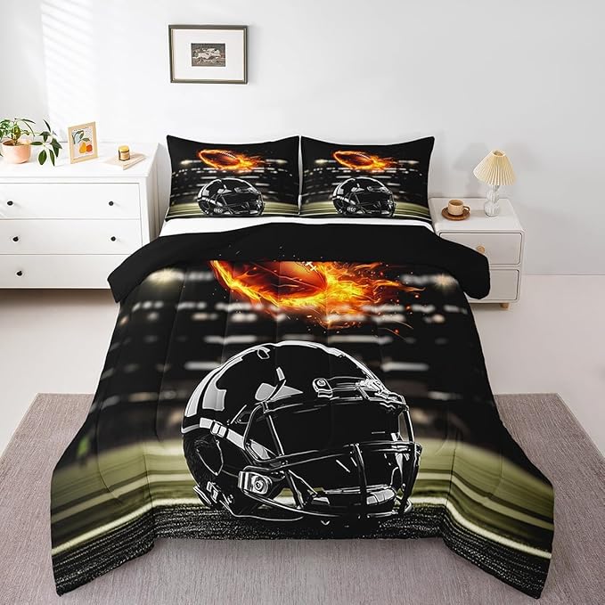 Feelyou Rugby Comforter Set Toddler Size Rugby Sports Comforter Gift for Football Lover Bedding Set Soccer Ball Game Duvet Set Black Yelllow Quilt Set