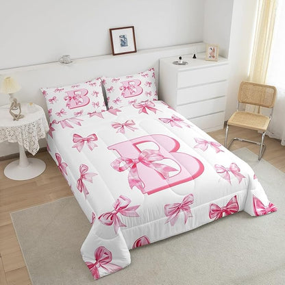 Erosebridal Pink Bowknot Toddler Bedding Set for Girls,Initial Letter B Comforter Set for Kids Teen Women Room Decor,Pink Monogrammed Bedding Comforter Sets Dreamy Princess Bow Quilt Duvet