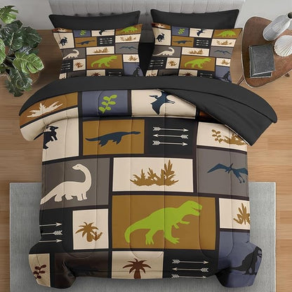 Comforter Set Twin Size, Dino Animal 5 Pcs Bedding for Kids and Adults, Cute Dinosaur Bed Sheet Sets with Fitted Sheet Pillowcase & Sham for Bedroom Bed Decor