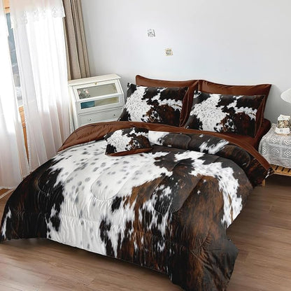 MUGINYU Brown Cowhide Comforter Set Queen, 8 Pieces Bed in a Bag Black White Cow Skin Print Western Farmhouse Animal Fur Bedding Set