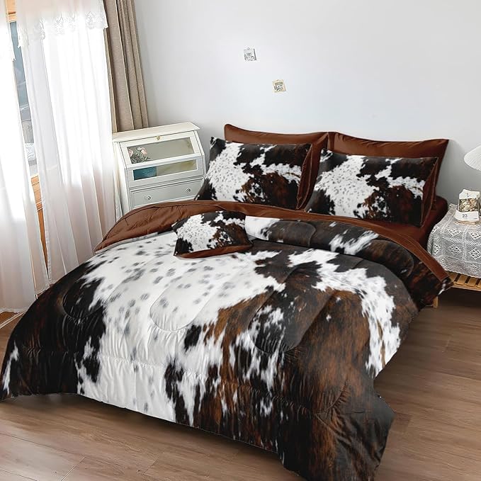 MUGINYU Brown Cowhide Comforter Set King, 8 Pieces Bed in a Bag Black White Cow Skin Print Western Farmhouse Animal Fur Bedding Set