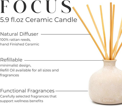Blueme Focus Diffuser | Eucalyptus & Lime | 5.92 Fl Oz - Refillable Wellness Diffuser, Contains Essential Oil, Sustainable, Hand Finished, Premium, Luxury Ceramic, Natural Rattan Reeds, | Small