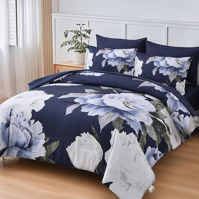 Dobuyly Navy Blue Comforter Set Queen Size 7 Piece Bed in a Bag, Floral Comforter Set with Sheets, Soft Microfiber Botanical Flowers Complete Bedding Set for All Season