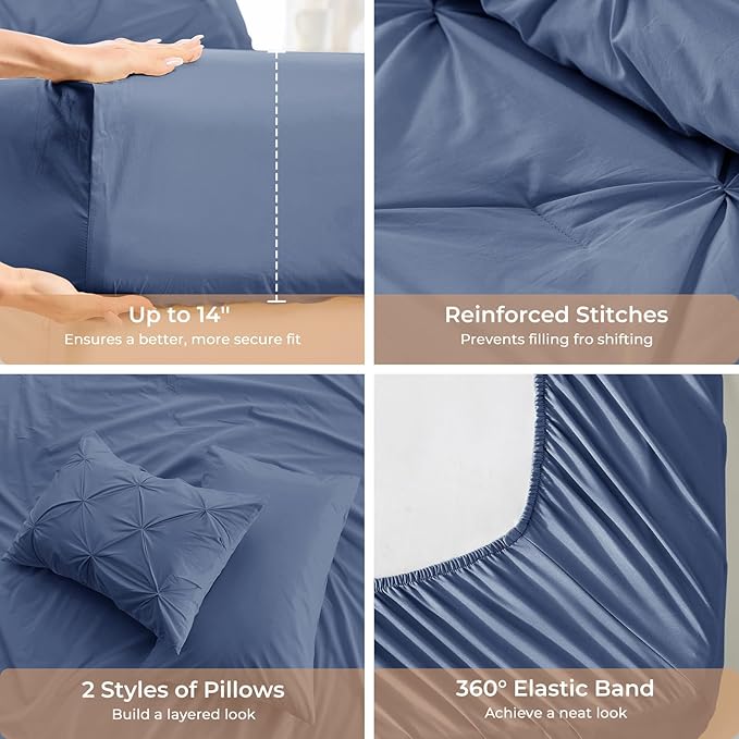 Sasttie Queen Comforter Set, 7-Piece Bed in a Bag, Pintuck Bedding Sets for All Season, Includes Comforter, Flat Sheet, Fitted Sheet, Pillowcases and Pillowshams, Slate Blue