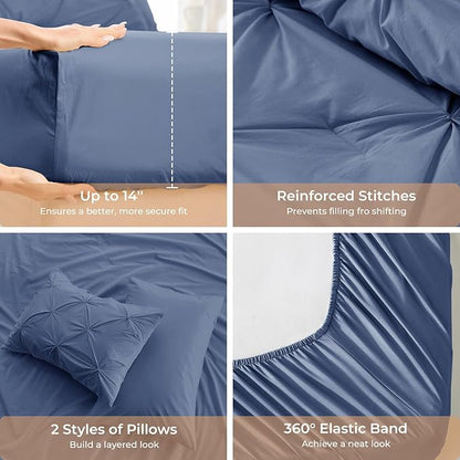 Sasttie Queen Comforter Set, 7-Piece Bed in a Bag, Pintuck Bedding Sets for All Season, Includes Comforter, Flat Sheet, Fitted Sheet, Pillowcases and Pillowshams, Slate Blue