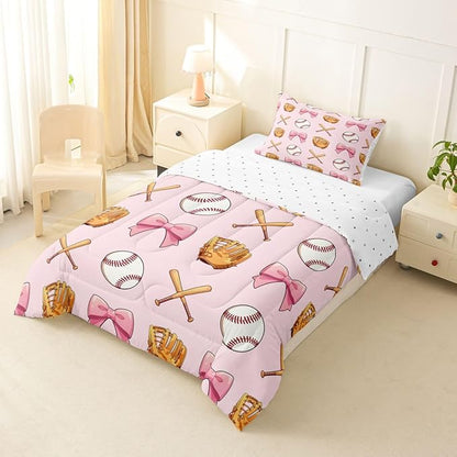 Castle Fairy Bow Baseball Comforter Set Twin Size,Baseball Bat Gloves Bedding Sets 2Pcs for Kids Girls Boys Women Room Decor,Girl Sports Games Quilted Duvet Kawaii Pink Down Comforter,1 Pillowcase