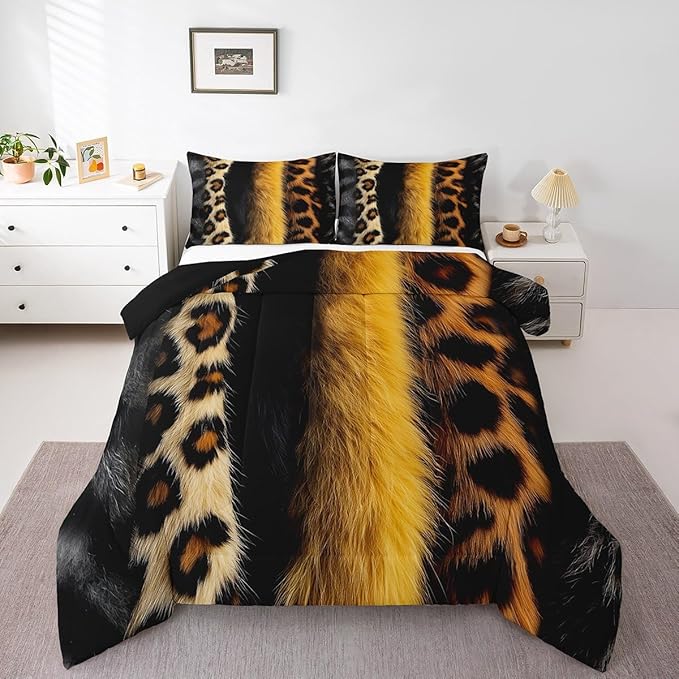 jejeloiu 3D Gold Leopard Bedding Set Toddle Size Adult Leopard Comforter Set for Boys Girls Animal Print Duvet Set Wild Animal Fur Quilt Set 2Pcs