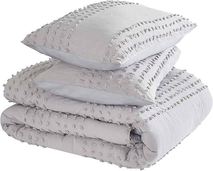 Comfort Spaces Cotton Comforter Set Jacquard Pom-Pom Tufts Design, Down Alternative, All Season Modern Bedding, Matching Shams, Twin/Twin XL, Grey 3 Piece