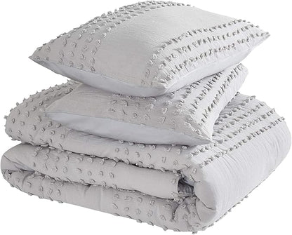 Comfort Spaces Cotton Comforter Set Jacquard Pom-Pom Tufts Design, Down Alternative, All Season Modern Bedding, Matching Shams, Twin/Twin XL, Grey 3 Piece