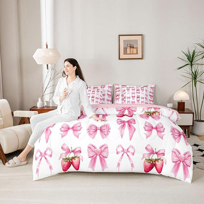 Feelyou Pink Cute Strawberry Bow Comforter Set Full Size 7 Pieces Strawberries Bedding Set for Kids Boys Girls Kawaii Bowknot Bed in a Bag with Comforter, Sheets, Pillowcases, Cushion Covers