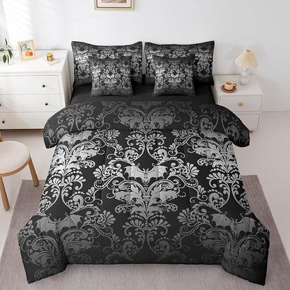 Erosebridal Gothic Damask Bed in a Bag Queen Comforter Set 7 Piece,Halloween Bat Bedding Sets White Black Victorian Floral Goth Sheet Set with Comforter