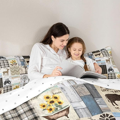 Patchwork Western Rustic Full Bedding Set Farmhouse Black White Buffalo Plaid Bedding Comforter Sets Retro Country Farm Animal Quilt Set For Kids Boys Girls,Windmill Pig Chicken Cow Comforter 3 Pcs