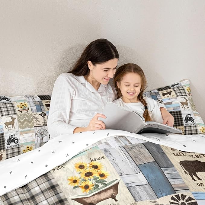 Patchwork Western Rustic Twin Bedding Set Farmhouse Black White Buffalo Plaid Bedding Comforter Sets Retro Country Farm Animal Quilt Set For Kids Boys Girls,Windmill Pig Chicken Cow Comforter 2 Pcs