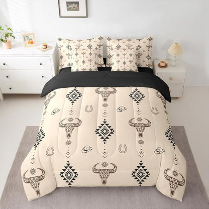 Erosebridal Cowboy Hat 7 Piece Bedding Set Full Bull Skull Comforter Set with Sheets Cowboy Hat Dot Western Beige Aztec Bed in a Bag Horseshoe Geometric Boho Arrow for Teens Men Women
