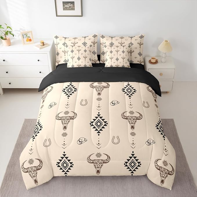 Erosebridal Cowboy Hat 7 Piece Bedding Set Queen Bull Skull Comforter Set with Sheets Cowboy Hat Dot Western Beige Aztec Bed in a Bag Horseshoe Geometric Boho Arrow for Teens Men Women