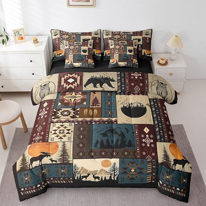 Erosebridal Bohemian Deer 7 Piece Bedding Sets King Bear Wildlife Hunting Theme Comforter Set Cabin Decor Buffalo Plaid Grid Bed in a Bag for Teens Retro Boho Xmas Pine Tree Sheets Geometric Quilt