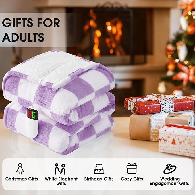 Heated Electric Blanket Throw, 50X60 Heating Blanket with 10 Heat Level & 8 Hours Auto Off for Lap, Light Purple Checkered Plaid Soft Sherpa Blankets Warmer Gifts for Couch Grandma Women Adults