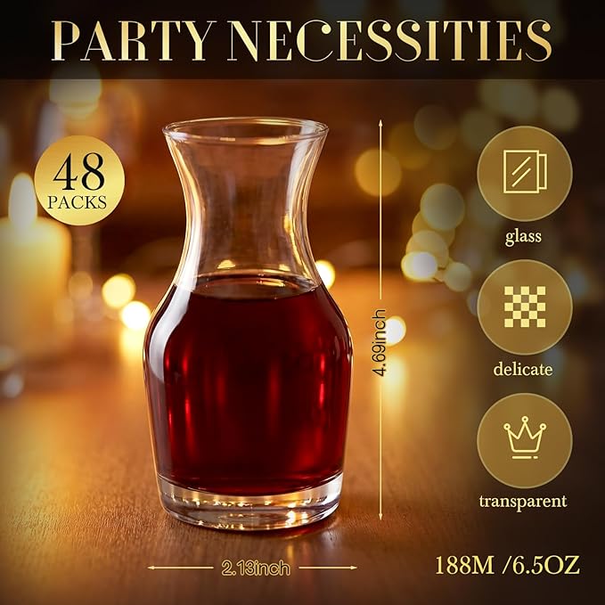 48 Pack Single Serving Wine Carafe Glass Small Mini Carafe Individual Wine Refill Decanter for Dinner Parties Tastings Bars Restaurants (6.5 oz)
