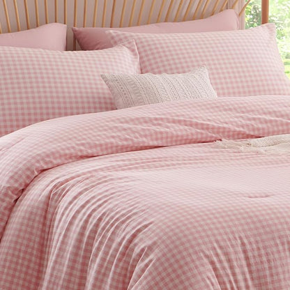 Nayoroom Pink Gingham Comforter Set Twin Size Plaid Checkered Dorm Bedding Set Girls 2 Pieces Soft Lightweight Grid Comforter for All Seasons (1 Comforter, 1 Pillowcase)