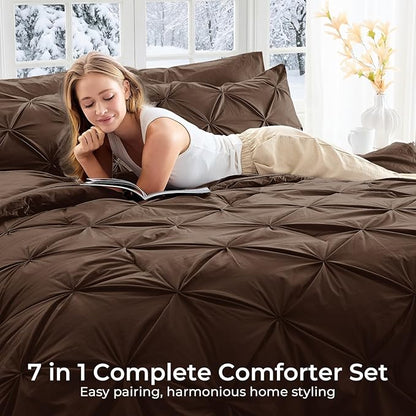 Sasttie Full Size Comforter Set, 7-Piece Bed in a Bag Double, Pintuck Bedding Set for All Season, Includes Comforter, Flat Sheet, Fitted Sheet, Pillowcases and Pillowshams, Dark Brown