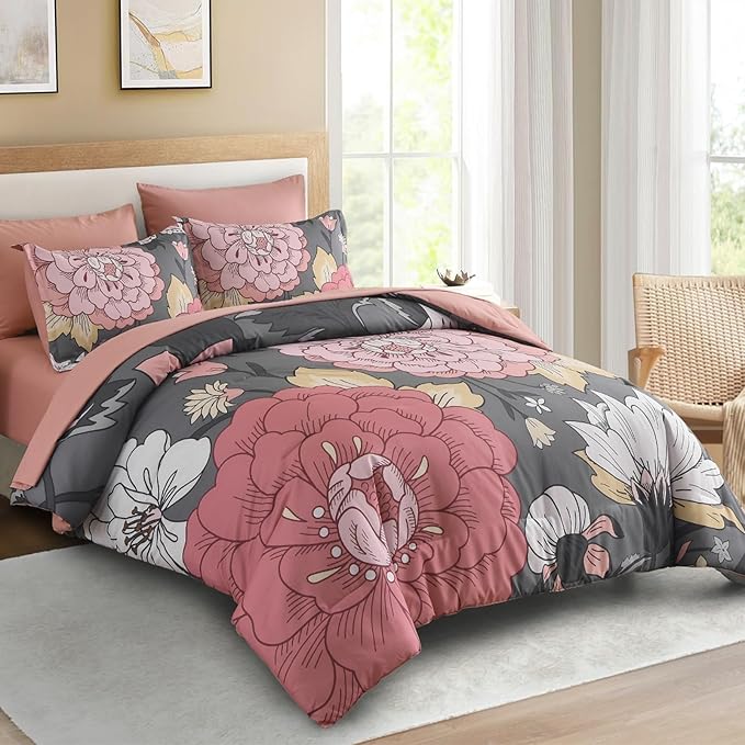 DJY Floral Queen Size Comforter Set Grey Pink 7 Pieces Bed in a Bag Botanical Pattern Boho Comforter Set, Soft Microfiber Complete Bedding Set for All Season(Pink/Grey, 90''x90'')