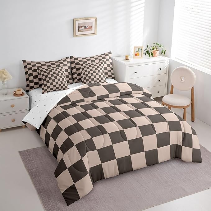 Feelyou Checkered Retro 7 Piece Bedding Set Teen Women Men Gradient Brown Plaid Comforter Set with Sheets Full Size Kids Boys Geometric Vintage Bed in a Bag Modern Simple Groovy Aesthetic Room Decor