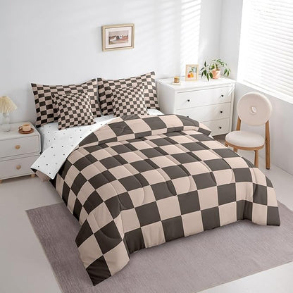 Feelyou Checkered Retro 7 Piece Bedding Set Teen Women Men Gradient Brown Plaid Comforter Set with Sheets Twin Size Kids Boys Geometric Vintage Bed in a Bag Modern Simple Groovy Aesthetic Room Decor