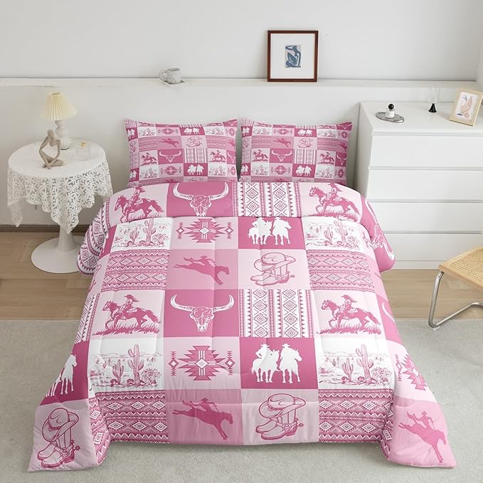 Western Bedding Sets King Size,Pink Cowboy Cowgirl Comforter Set for Kids Girls Boys Women Room Decor,Bull Skull Aztec Tribal Pattern Quilt Set Pink Striped Patchwork Gird Duvet Insert 3Pcs