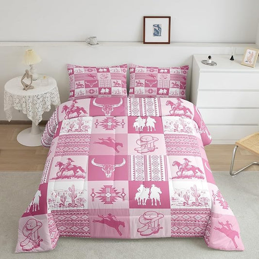 Western Bedding Sets King Size,Pink Cowboy Cowgirl Comforter Set for Kids Girls Boys Women Room Decor,Bull Skull Aztec Tribal Pattern Quilt Set Pink Striped Patchwork Gird Duvet Insert 3Pcs