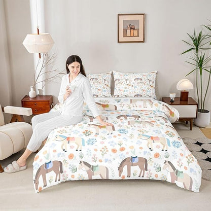 Cute Horse Comforter Set Twin Size,Watercolor Flower Bedding Sets 2Pcs for Kids Girls Boys Women Room Decor,Rustic Farmhouse Quilted Duvet Boho Animal Plants Down Comforter,1 Pillowcase