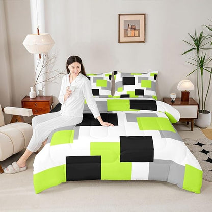 Castle Fairy Green Grey White Twin Size Comforter Set for All Seasons,Geometric Grid Square Splicing Bedding Set Teens Bedroom Decor,Modern Abstract Comforter Inner Fill with 1 Pillowcase
