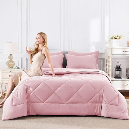 CozyLux Full Size Comforter Sets Pink - 7 Pieces Bed in a Bag Full, Luxury Soft Bed Set for All Seasons, Bedding Set with Down Alternative Comforter, Sheets, Pillowcases & Shams