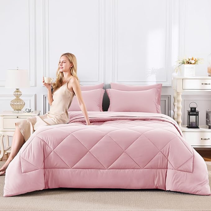 CozyLux Twin Comforter Set with Sheets Pink - 5 Pieces Bed in a Bag Twin, All Season Bed Set for Girls and Boys, Bedding Set with Down Alternative Comforter, Sheets, Pillowcase & Sham